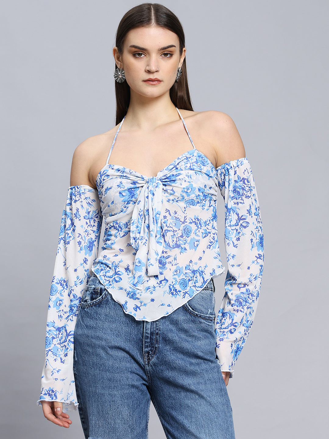 Elegant Printed  Bell Sleeve Cold-Shoulder Halter Neck Summery Top