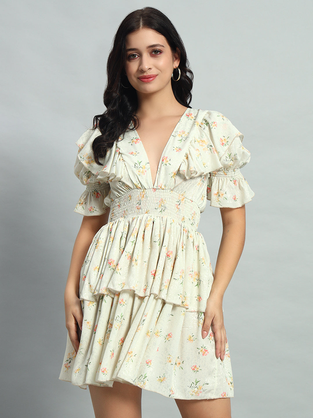 Fall Holiday Romantic White Ditsy Floral Print Ruffle Trim Puff Sleeve Dress