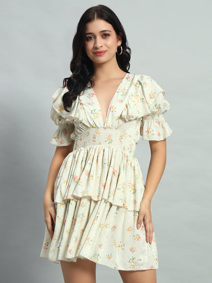 Fall Holiday Romantic White Ditsy Floral Print Ruffle Trim Puff Sleeve Dress