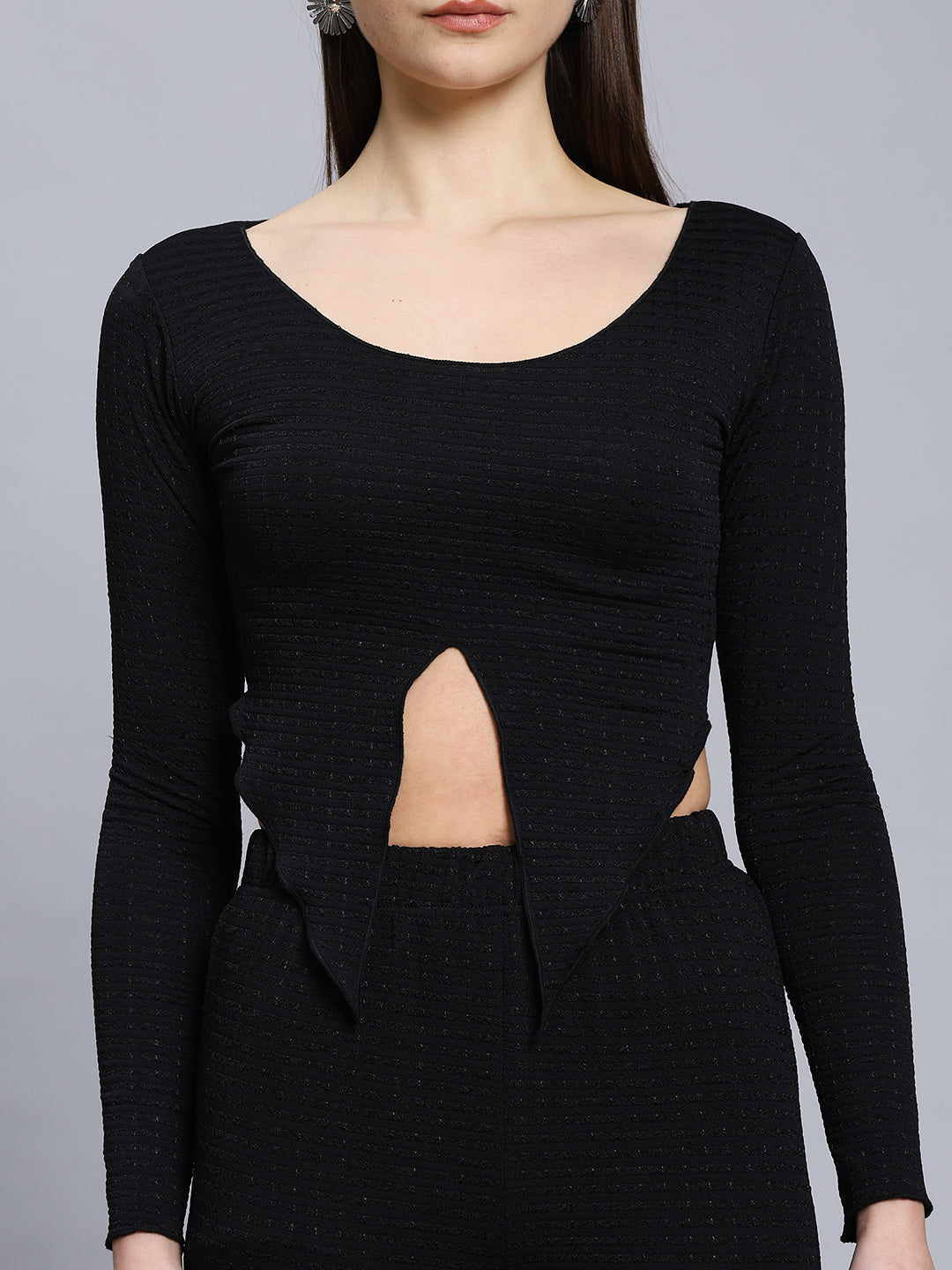 Long Sleeve Ribbed T-Shirt And Pants Set With Split Hem Design