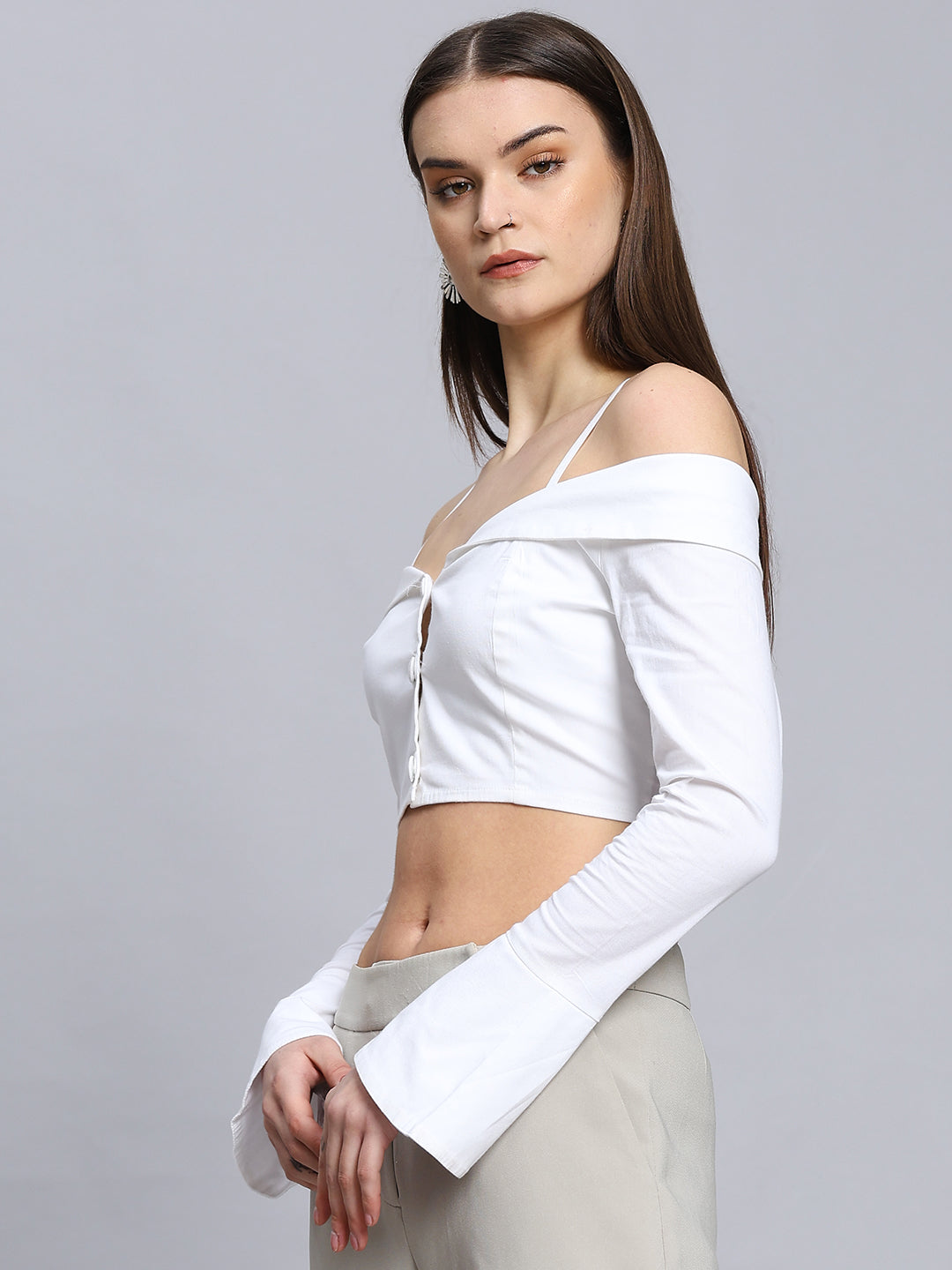 Sexy  Open Shoulder Button-up Cropped Top