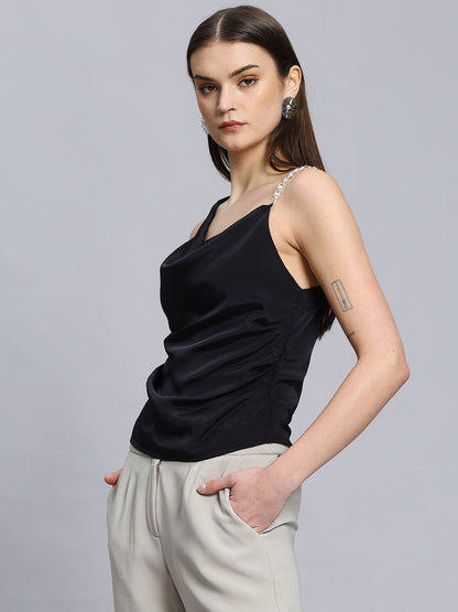 Asymmetrical Neck Chain Detai Draped Front Black Top