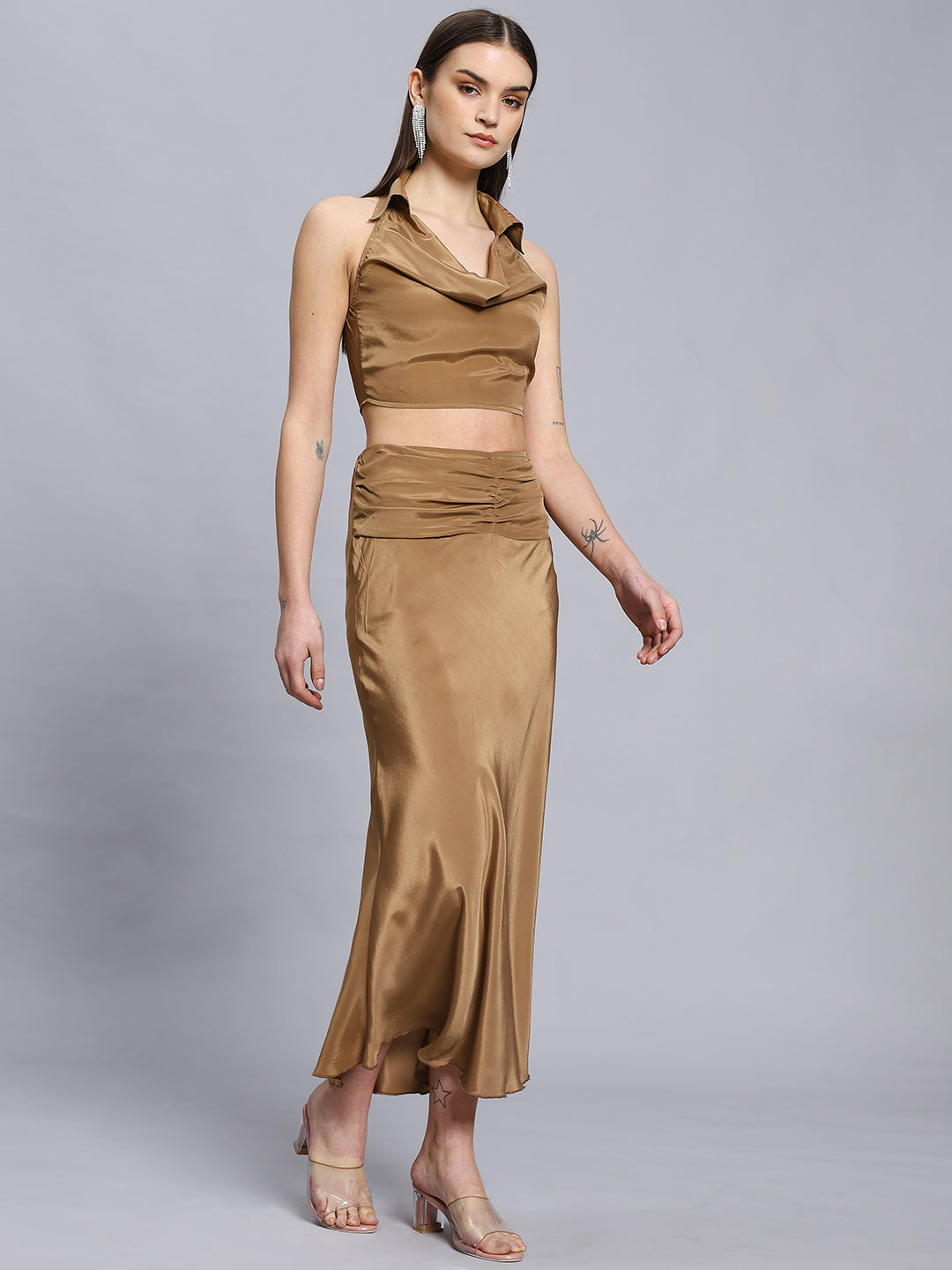 Bronze Collared turtleneck sleeveless top & fish tail hem skirt Coord set