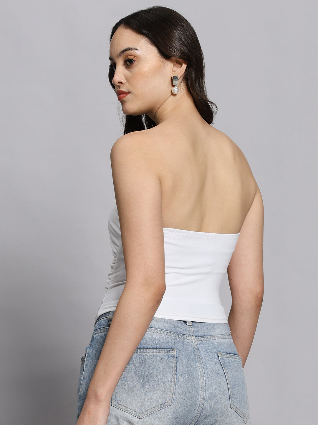 Summer Solid white  hollowed-cut Strapless top with flower design