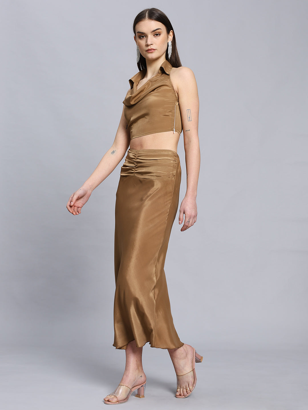 Bronze Collared turtleneck sleeveless top & fish tail hem skirt Coord set