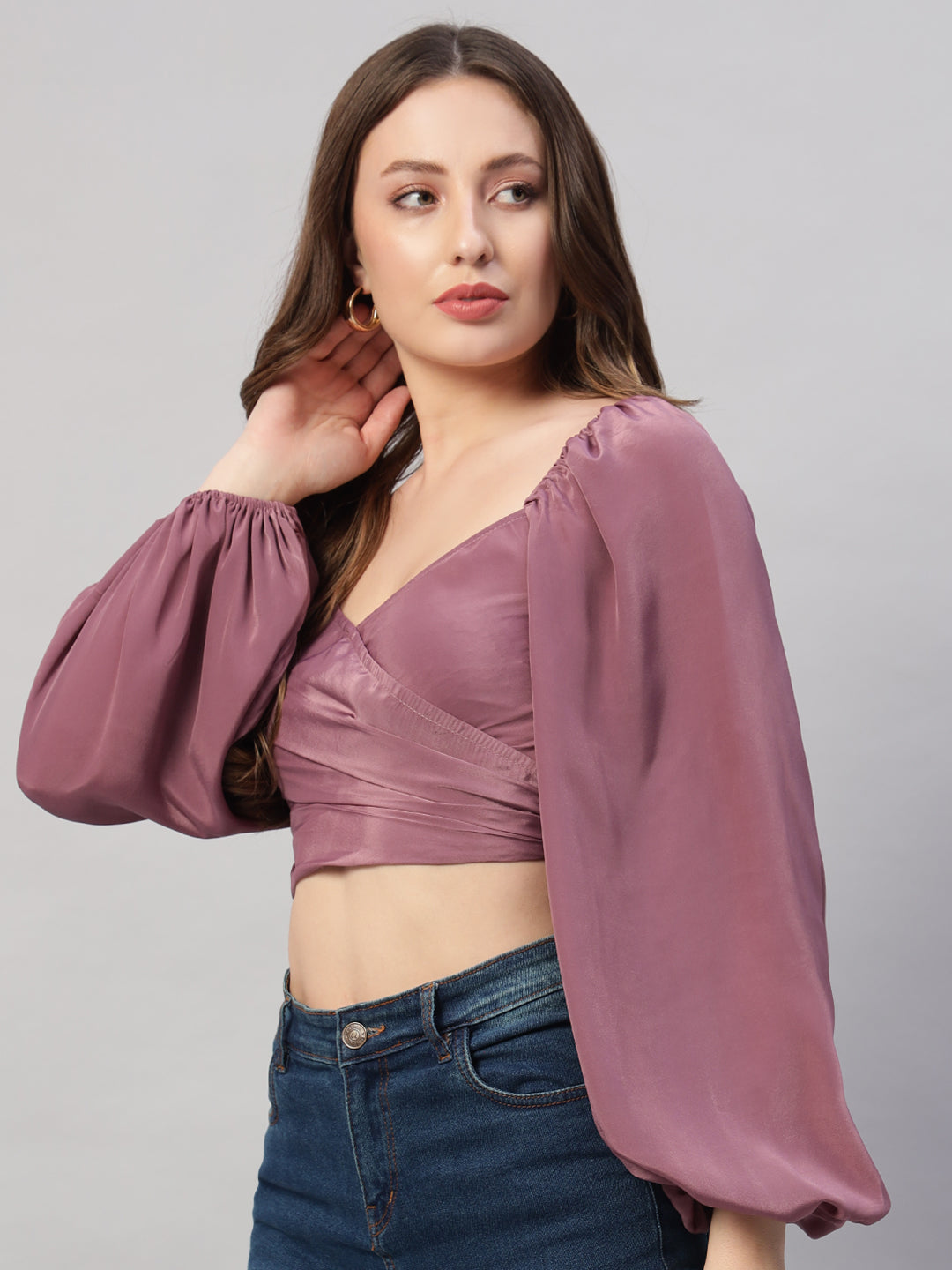 Solid colour puff sleeve tie back cropped casual top