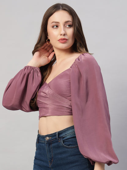 Solid colour puff sleeve tie back cropped casual top