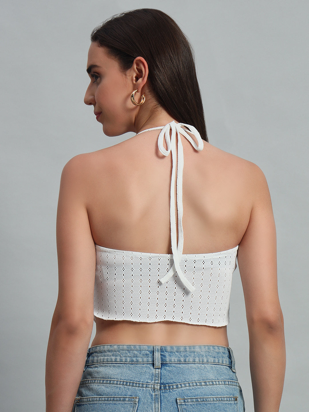 Solid Color Hollow Out Embroidery Chest Drawstring Backless Halter Top