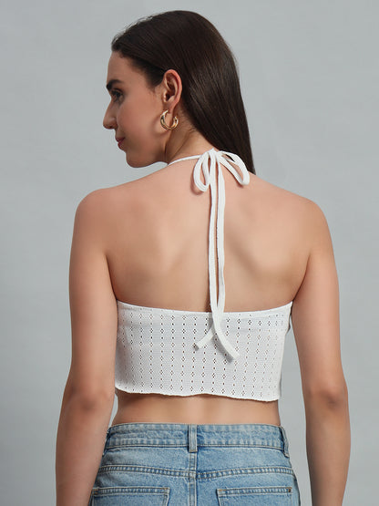 Solid Color Hollow Out Embroidery Chest Drawstring Backless Halter Top