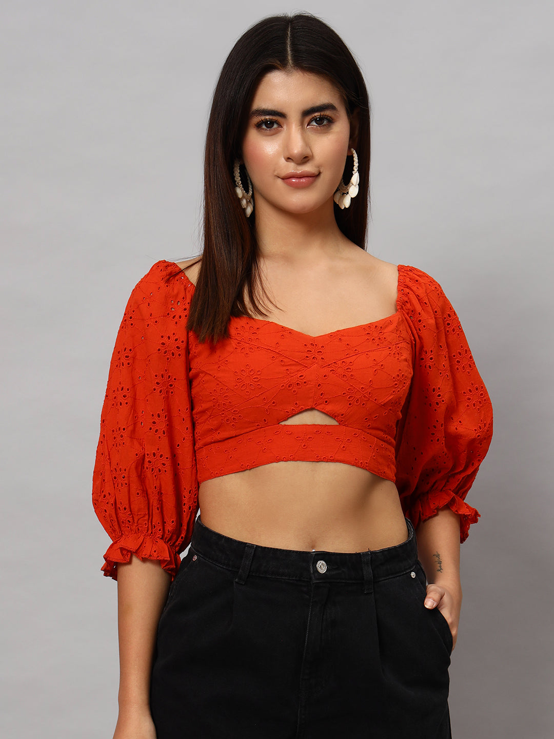 Rust orange hollow out embroidered  top