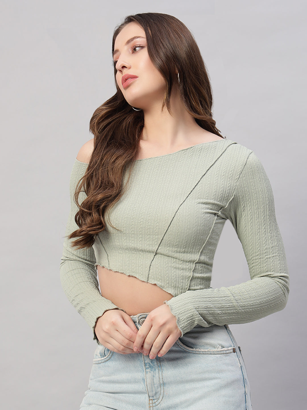 Asymmetrical Neck Lettuce Trim Crop Tee