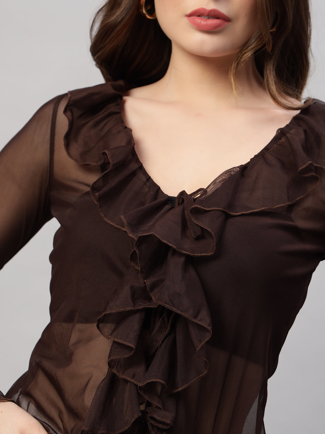 Ruffle Trim Flare Sleeve Knot Front Lettuce Trim Mesh Top