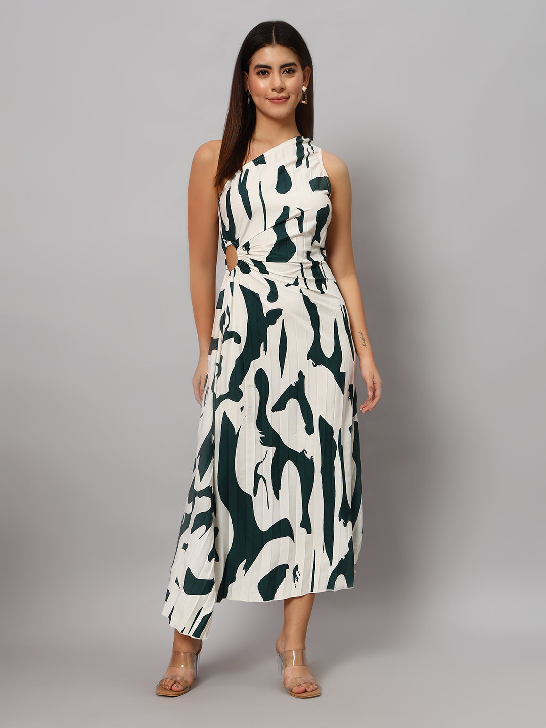 Asymmetric Neckline Pleated Hollow Out Printed Long Dress Maxi