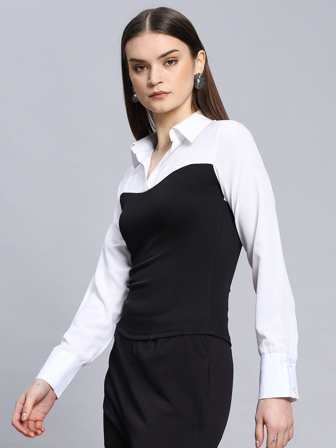 Black & White Long Sleeve Button-Up Casual Formal Sexy Blouse