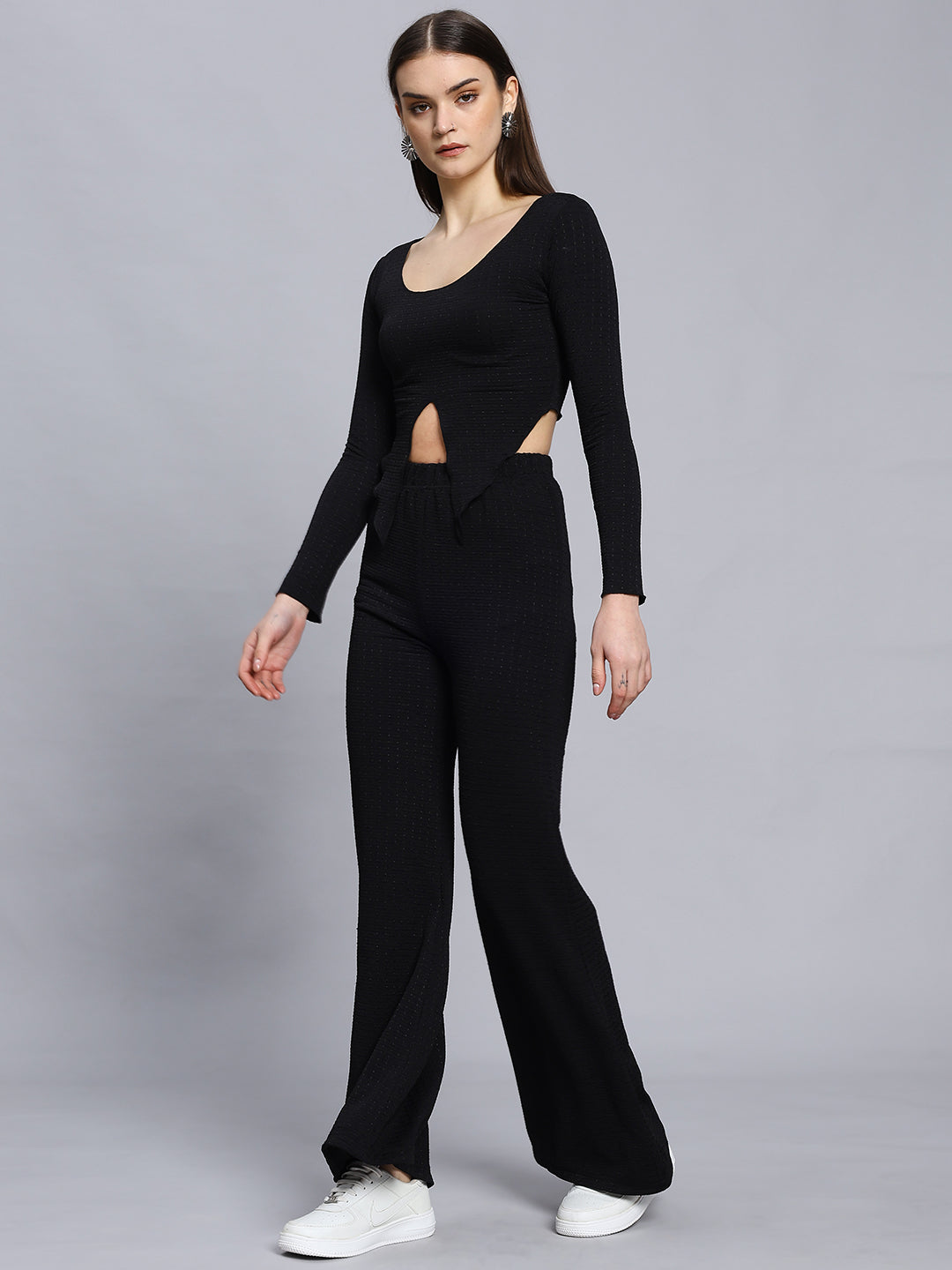 Long Sleeve Ribbed T-Shirt And Pants Set With Split Hem Design