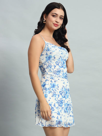 Allover Floral Print Ruffle Halter Short Draped Neck Cami Dress