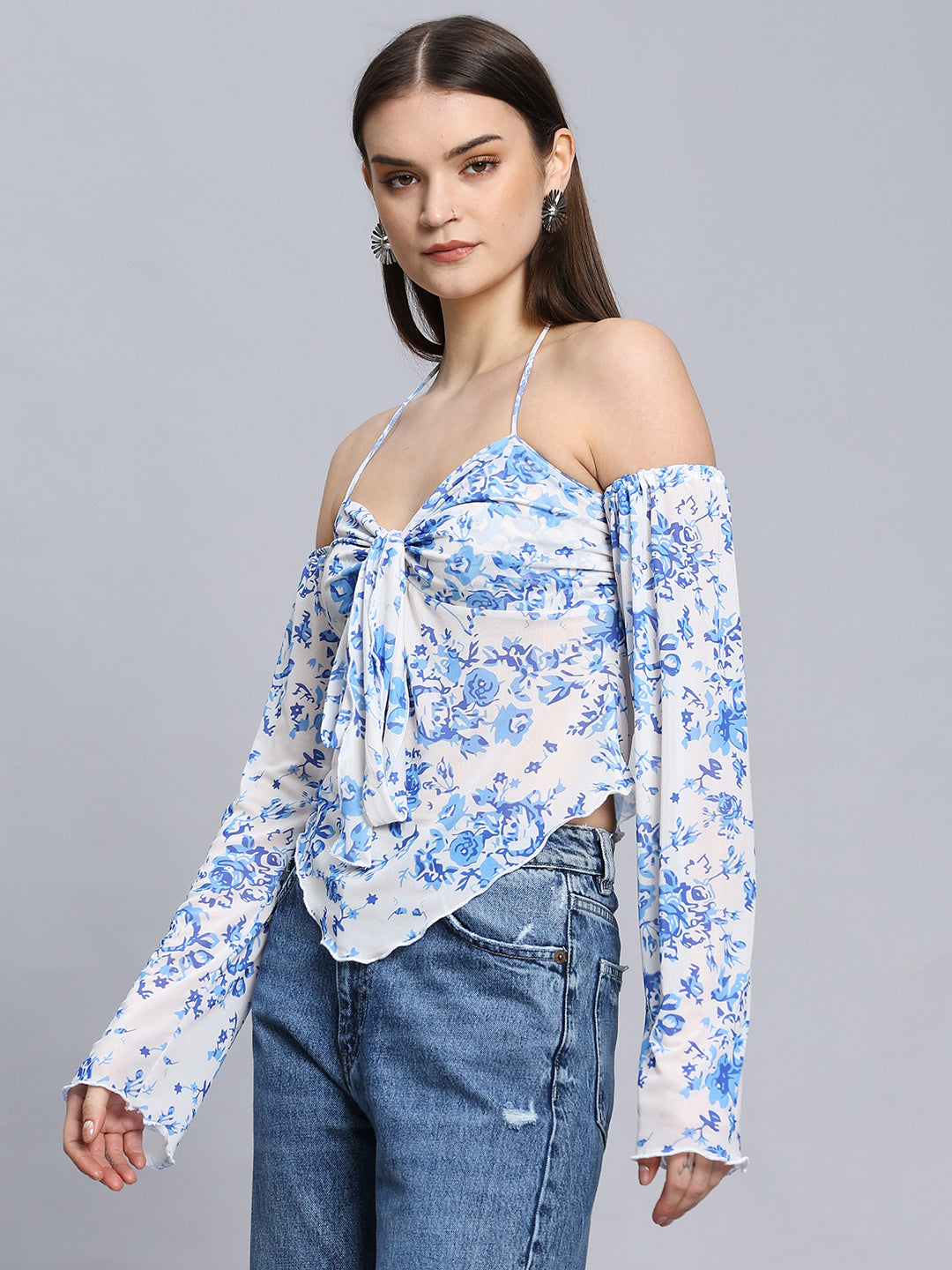 Elegant Printed  Bell Sleeve Cold-Shoulder Halter Neck Summery Top