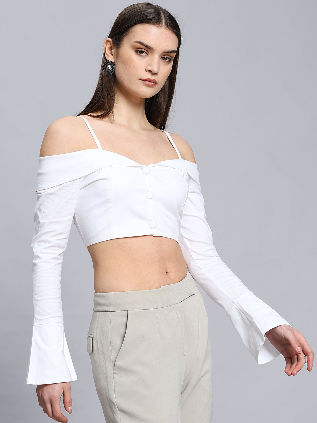 Sexy  Open Shoulder Button-up Cropped Top