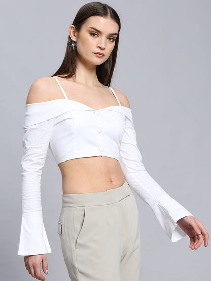 Sexy  Open Shoulder Button-up Cropped Top