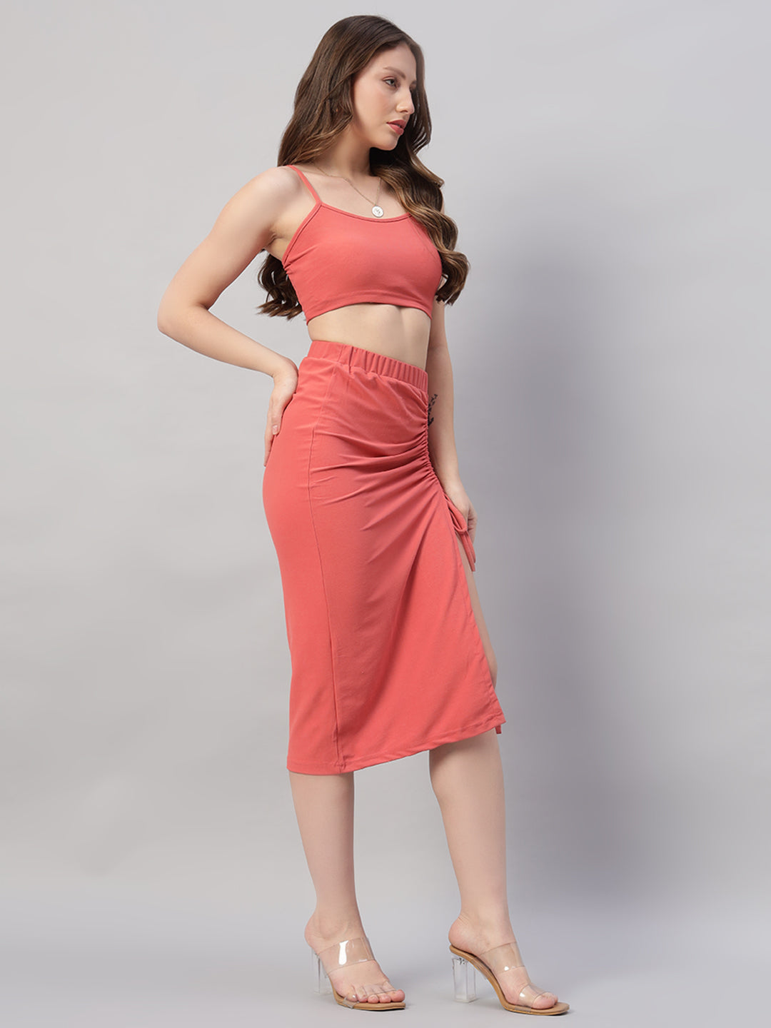 Solid Cami Top & Drawstring Split Thigh Skirt Co-ord set