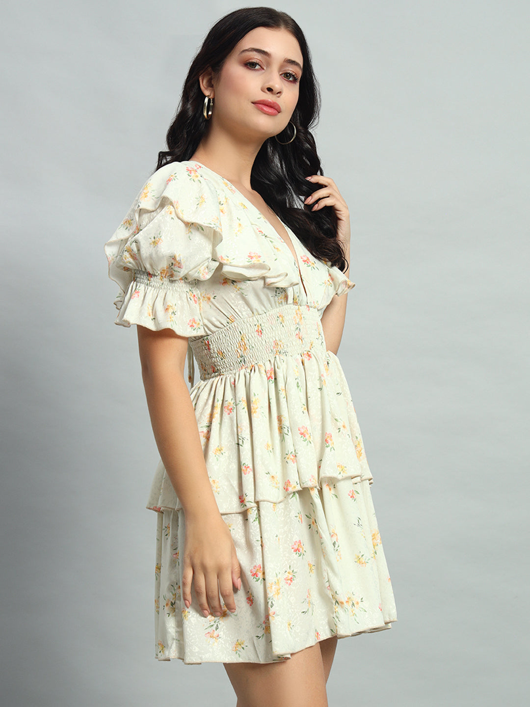 Fall Holiday Romantic White Ditsy Floral Print Ruffle Trim Puff Sleeve Dress