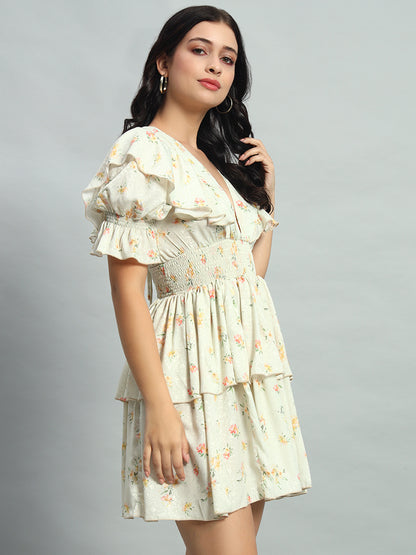 Fall Holiday Romantic White Ditsy Floral Print Ruffle Trim Puff Sleeve Dress