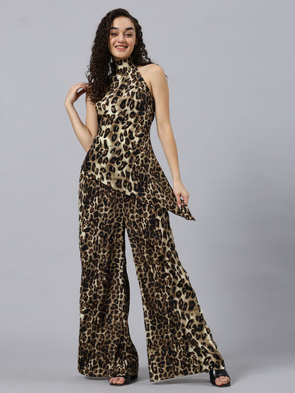 2pcs Elegant Animal print Asymmetric Hem Backless Halter Top & Wide Leg Pants Co-ord set