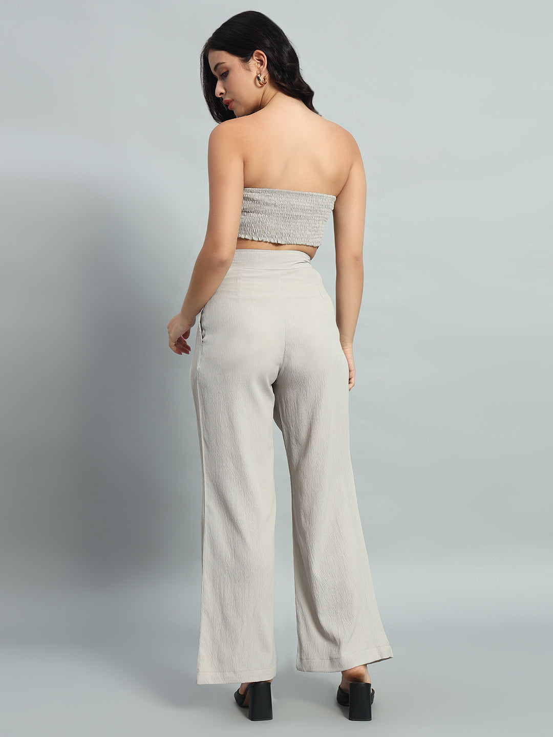 Solid Bandana Hem Elasticated Backless Tube Top & Wide Leg Trousers Co-ord set