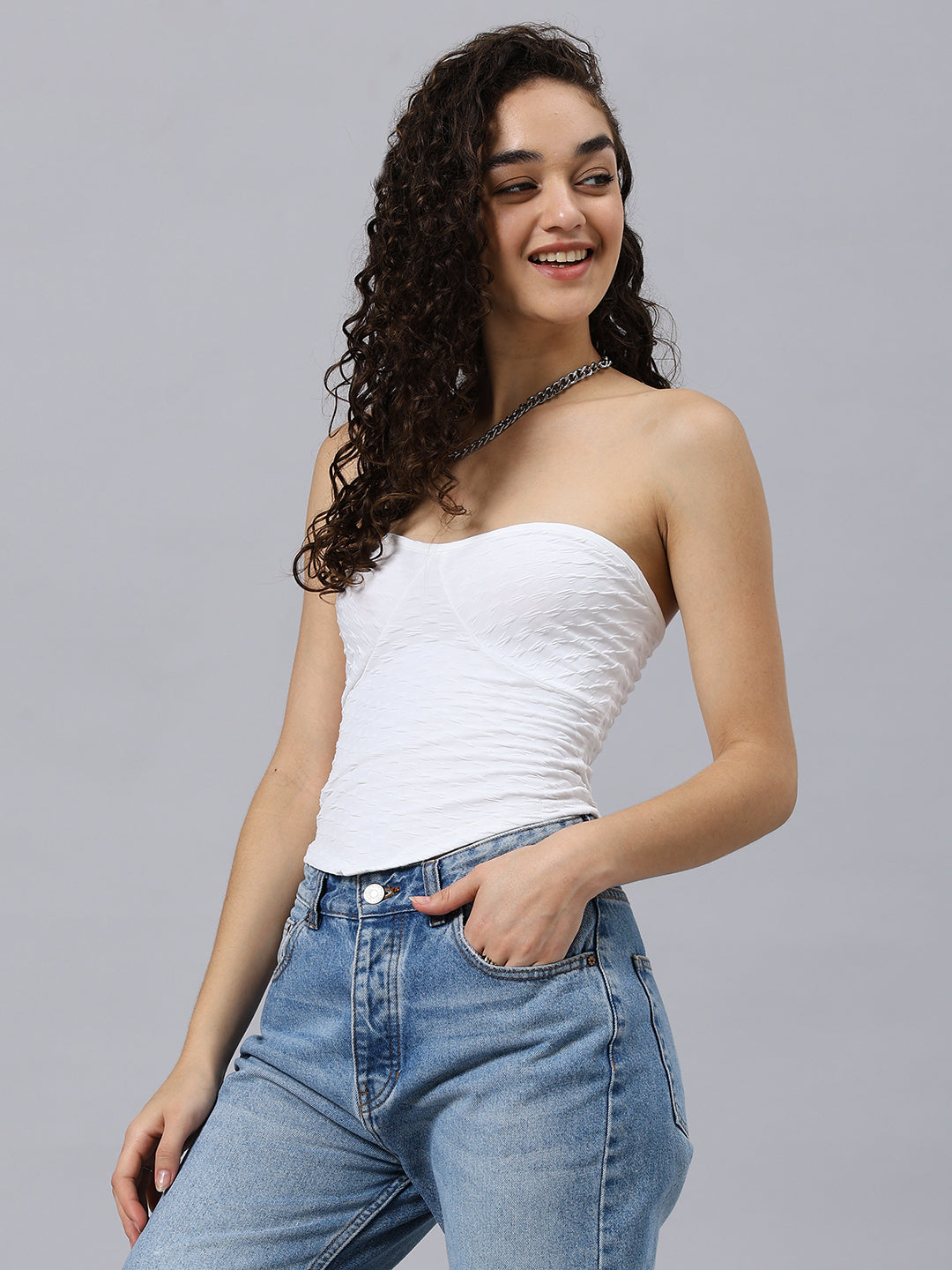 Textured Solid As ymmetrical Hem Bandeau Top Tube Top