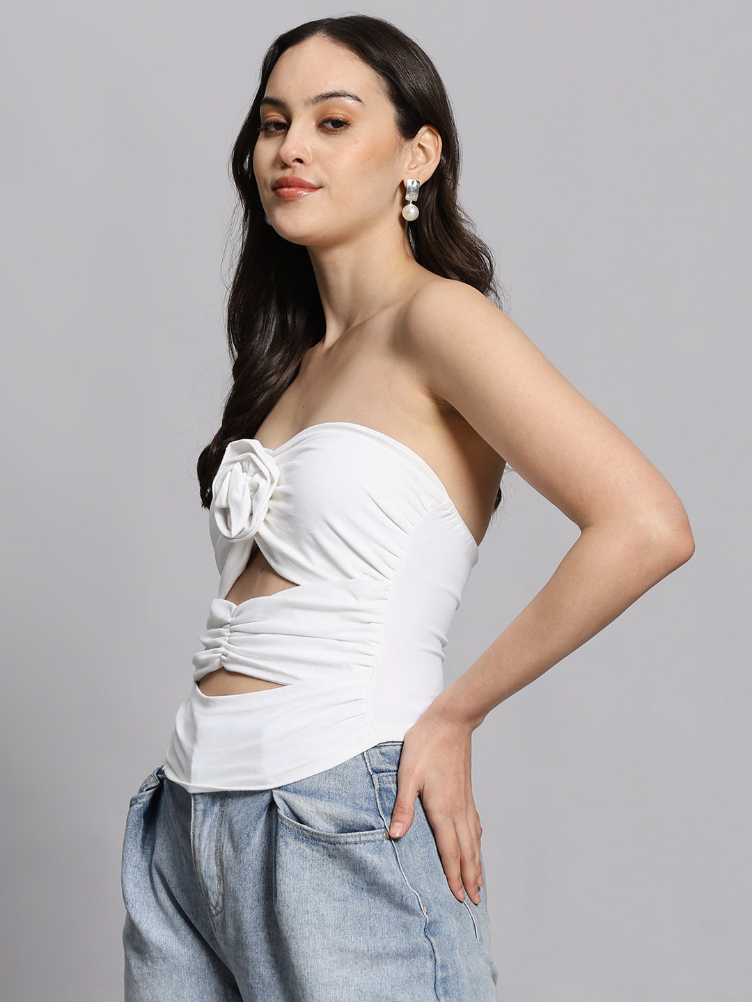 Summer Solid white  hollowed-cut Strapless top with flower design