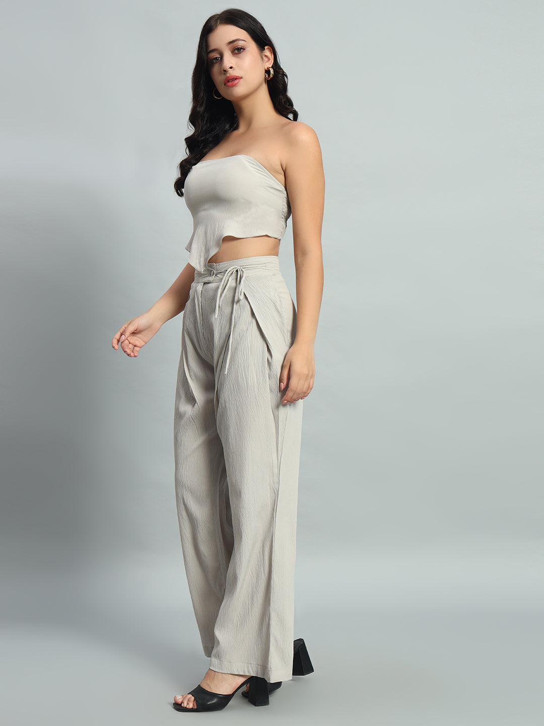 Solid Bandana Hem Elasticated Backless Tube Top & Wide Leg Trousers Co-ord set