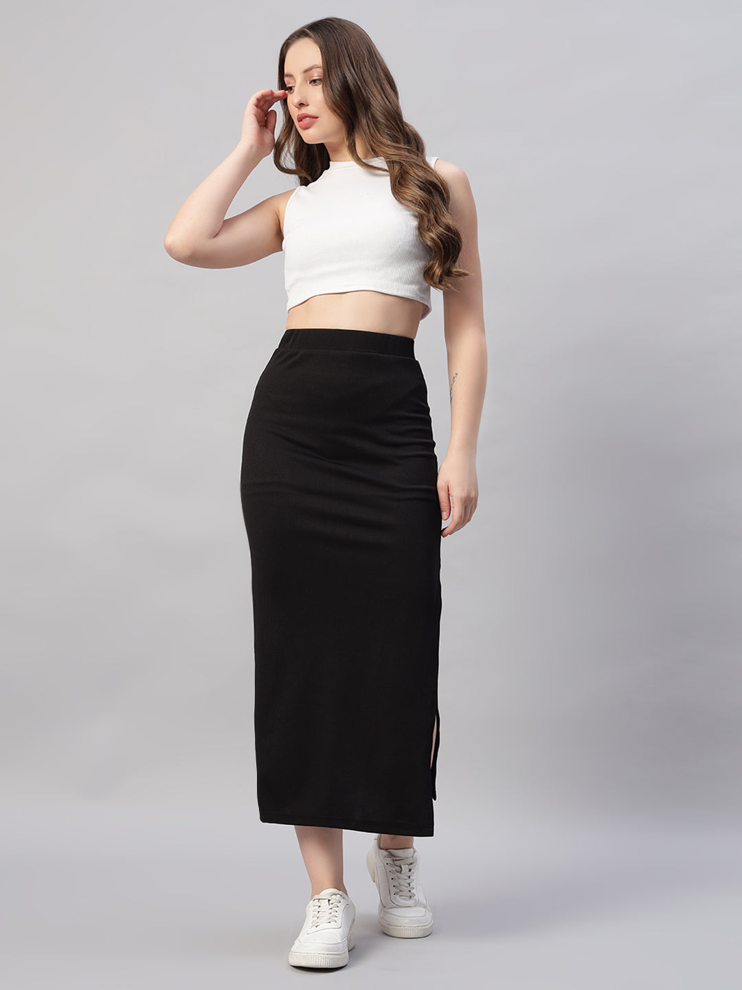 High Waist Split Thigh Black Skirt