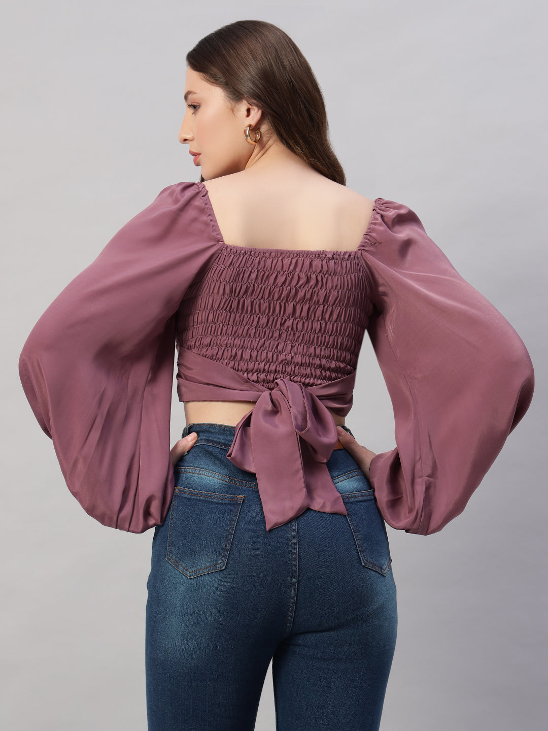 Solid colour puff sleeve tie back cropped casual top
