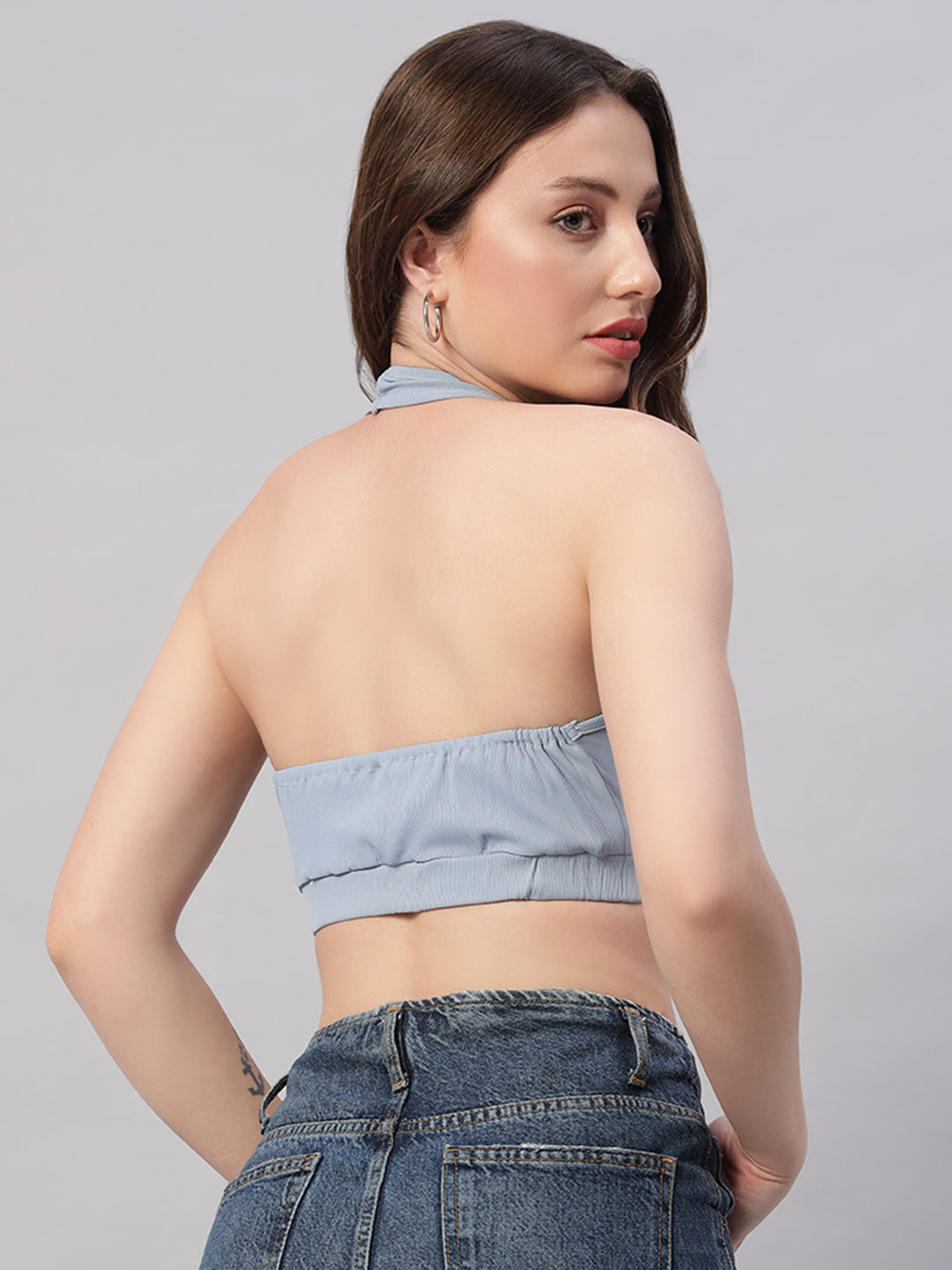 2 piece Solid Color Hollow Out Embroidery Chest Drawstring Backless Halter Top