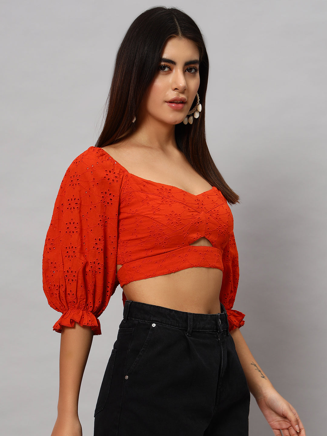 Rust orange hollow out embroidered  top