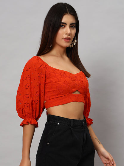Rust orange hollow out embroidered  top