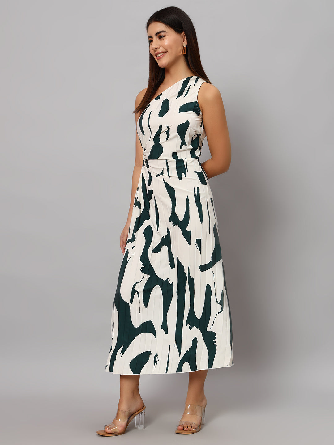 Asymmetric Neckline Pleated Hollow Out Printed Long Dress Maxi