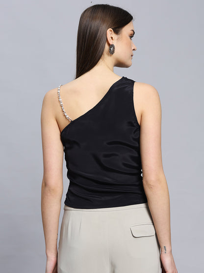 Asymmetrical Neck Chain Detai Draped Front Black Top