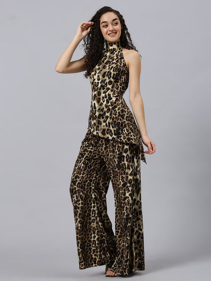 2pcs Elegant Animal print Asymmetric Hem Backless Halter Top & Wide Leg Pants Co-ord set