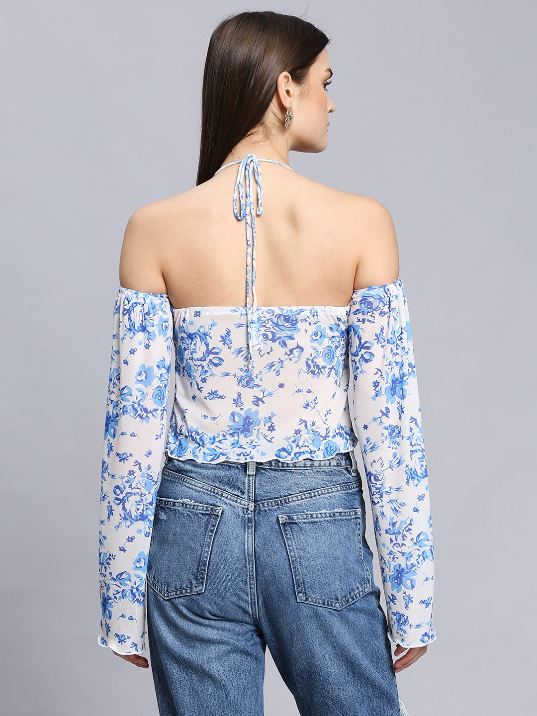 Elegant Printed  Bell Sleeve Cold-Shoulder Halter Neck Summery Top