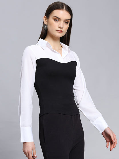 Black & White Long Sleeve Button-Up Casual Formal Sexy Blouse