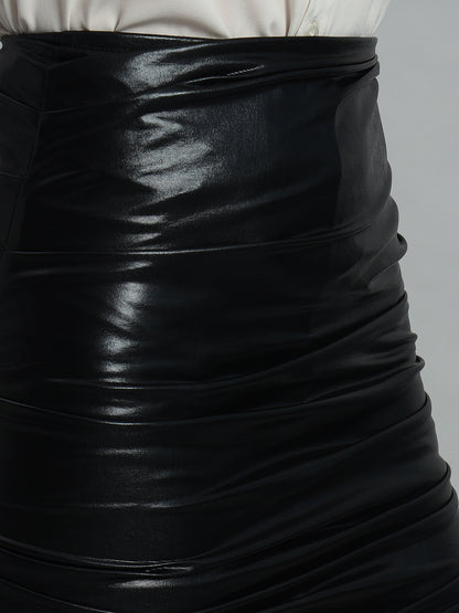 High Waist Ruched Side PU Leather Mini Bodycon Skirt