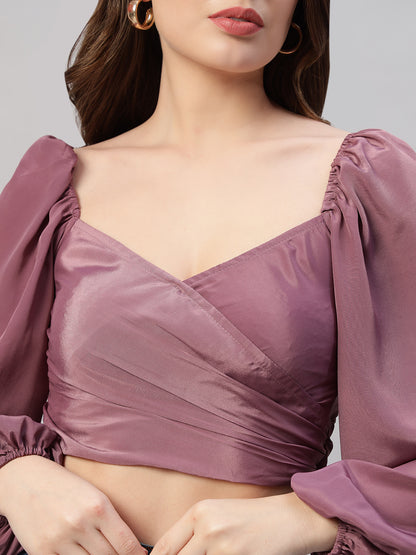 Solid colour puff sleeve tie back cropped casual top