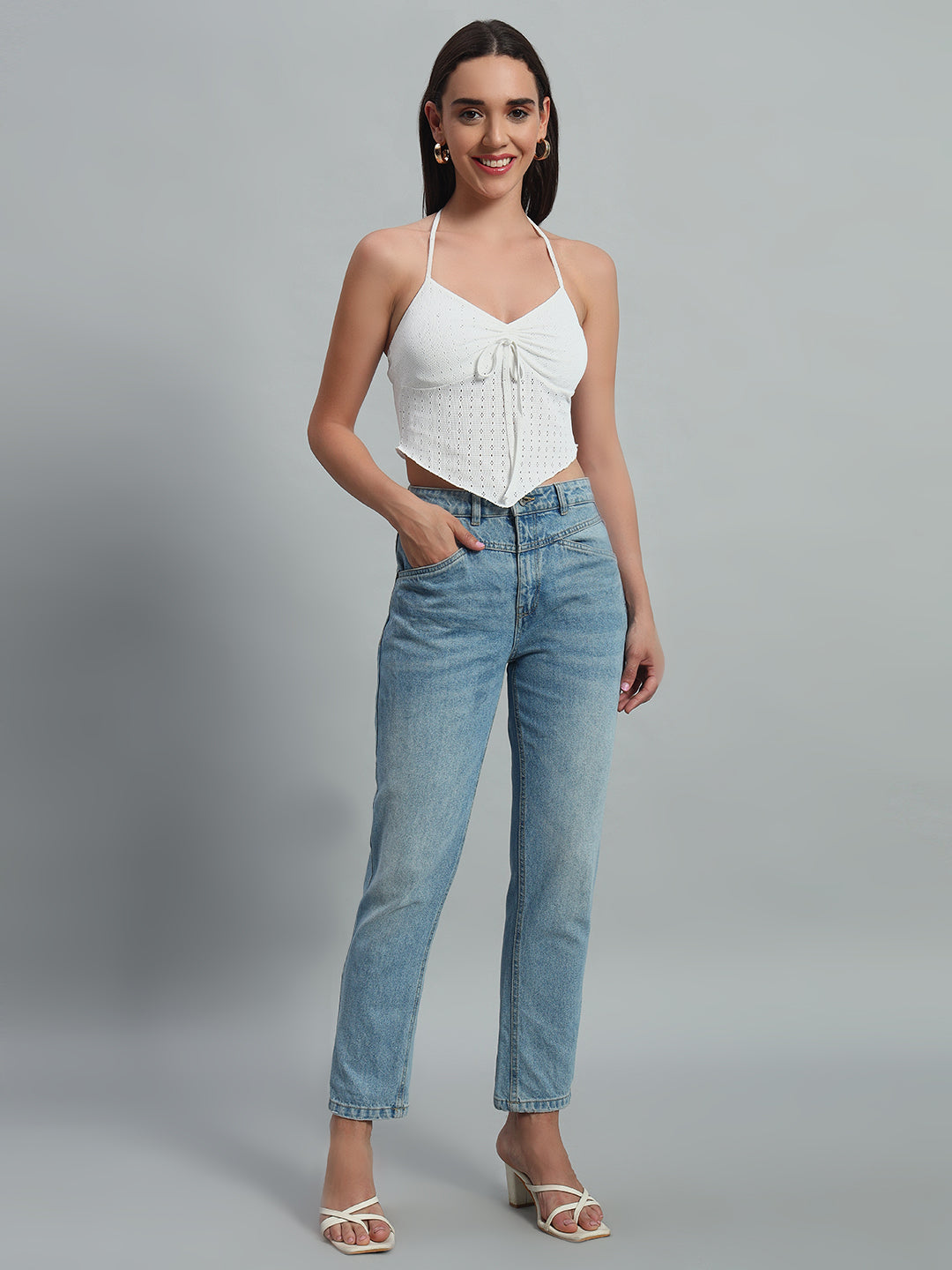 Solid Color Hollow Out Embroidery Chest Drawstring Backless Halter Top