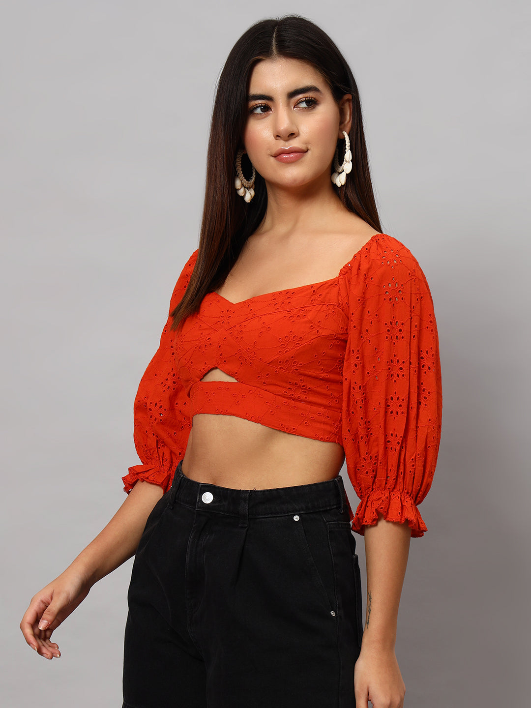 Rust orange hollow out embroidered  top