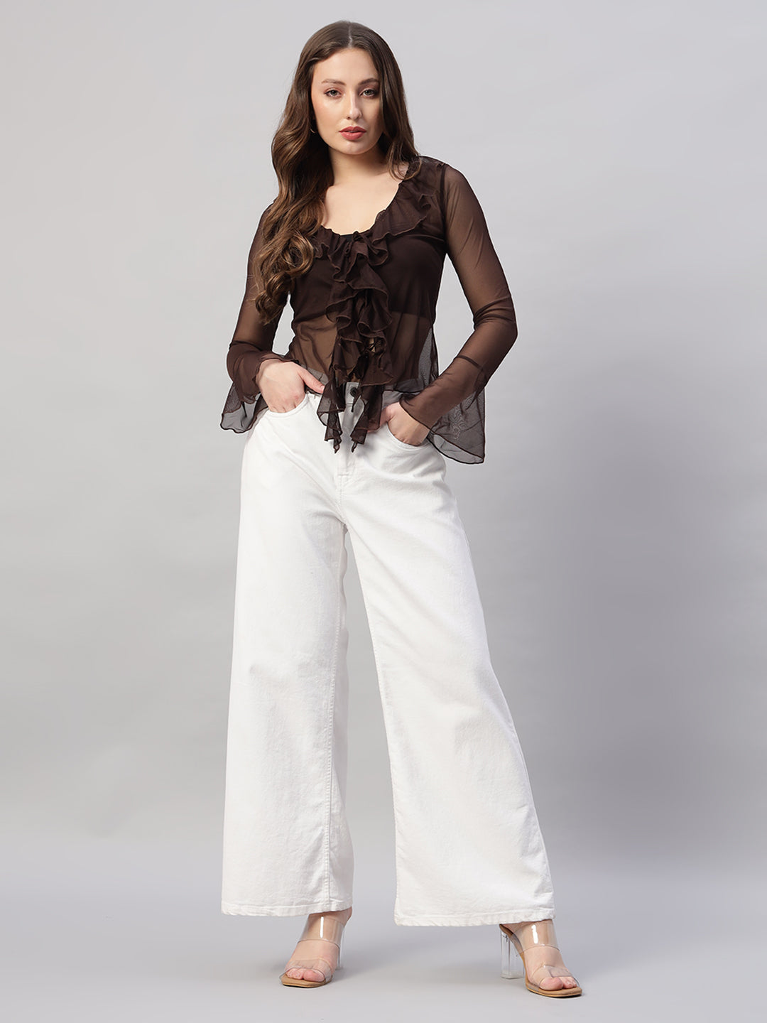 Ruffle Trim Flare Sleeve Knot Front Lettuce Trim Mesh Top