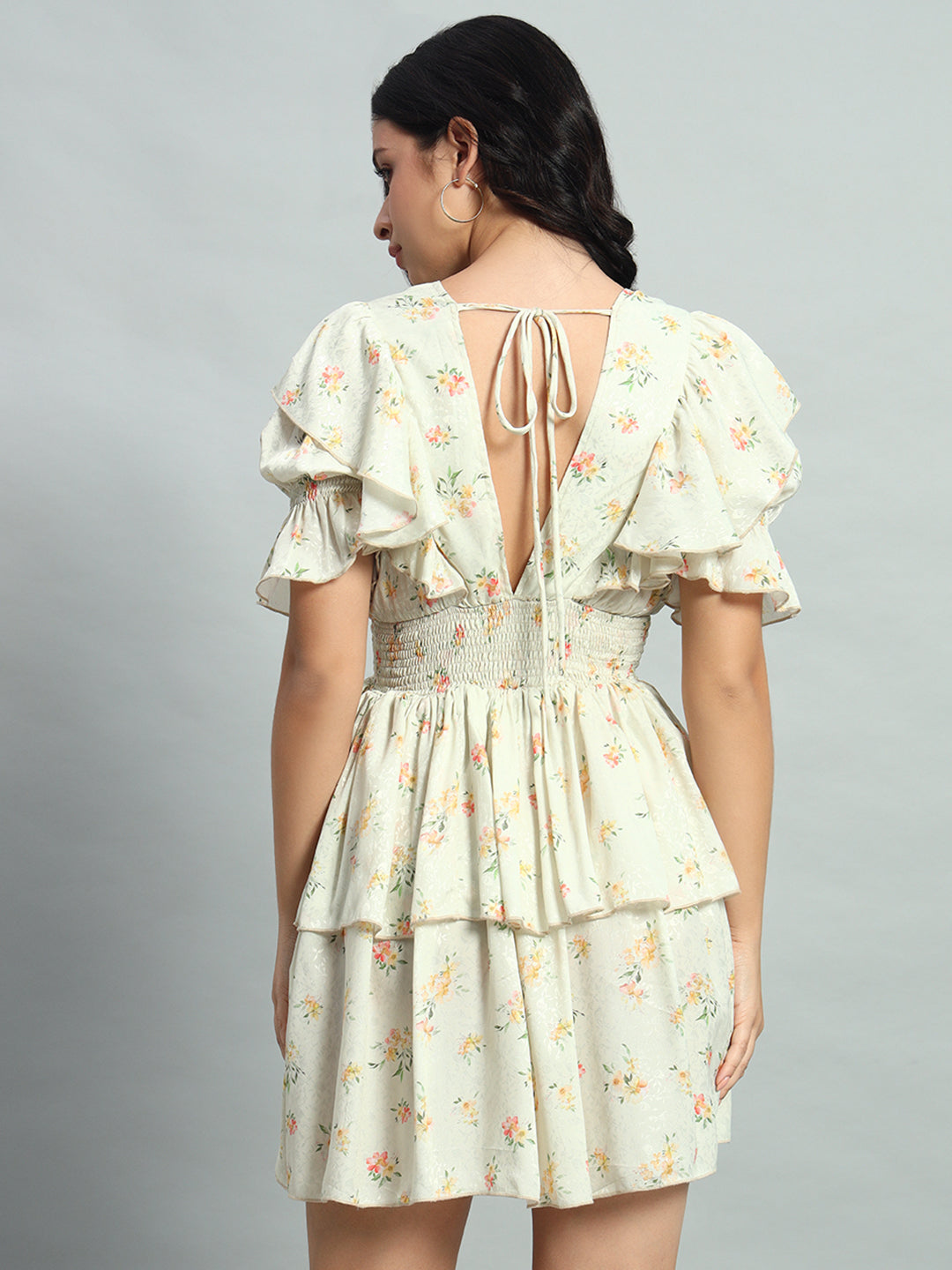 Fall Holiday Romantic White Ditsy Floral Print Ruffle Trim Puff Sleeve Dress