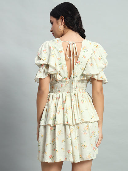 Fall Holiday Romantic White Ditsy Floral Print Ruffle Trim Puff Sleeve Dress