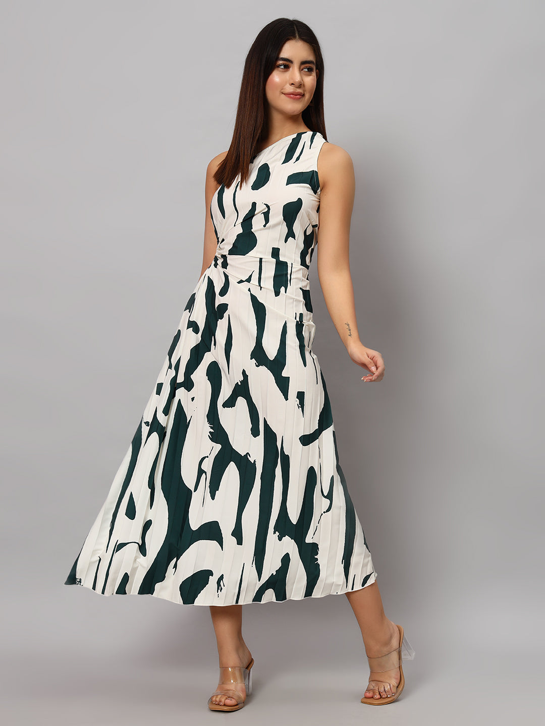 Asymmetric Neckline Pleated Hollow Out Printed Long Dress Maxi