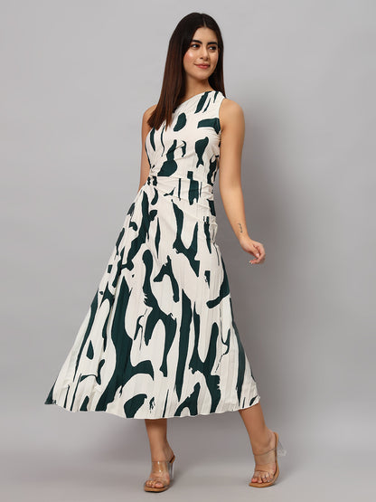 Asymmetric Neckline Pleated Hollow Out Printed Long Dress Maxi